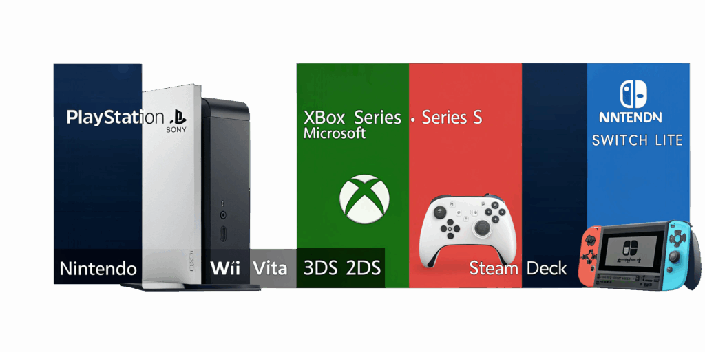 Consolas modernas: PlayStation, Xbox Series S, Nintendo Switch Lite, Steam Deck, Wii, Vita, 3DS, 2DS