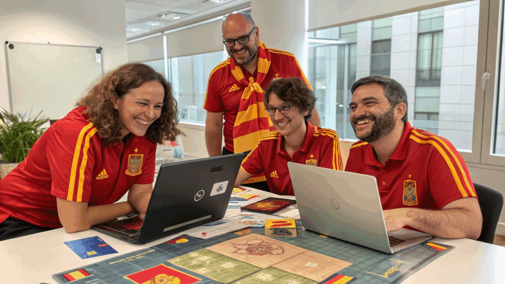 Tres hombres en una oficina vestidos con camisetas amarillas, capas con la bandera de España y sombreros rojos decorados, usando auriculares con micrófono y sonriendo, mostrando entusiasmo y espíritu de equipo.